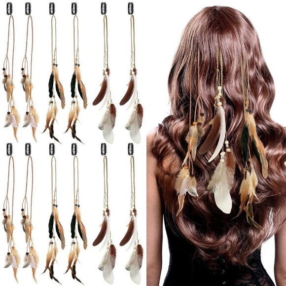 Feather Hair Clips 12 pcs Boho Beaded Hair Extensions for Women Stylish main image 5